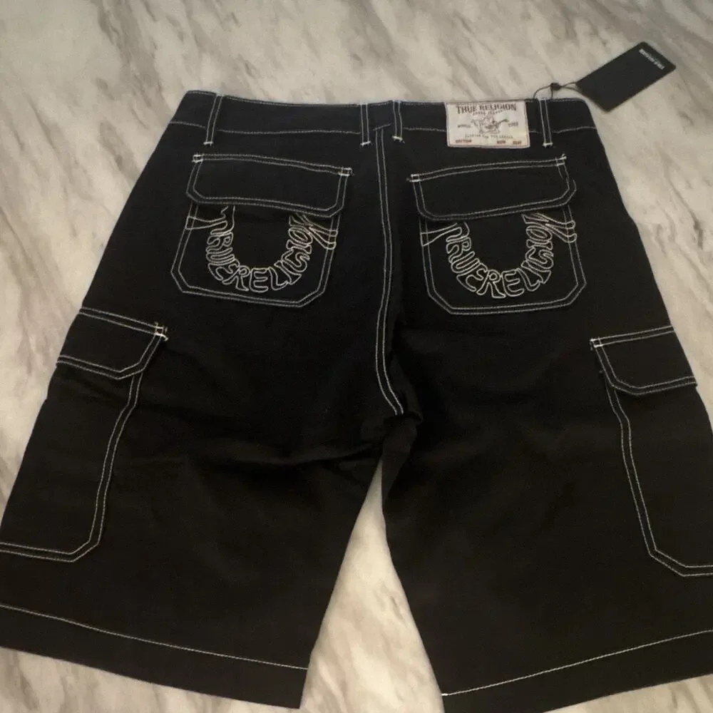True Religion Men’s Cargo Shorts Black/White Contrast Stitch 701298